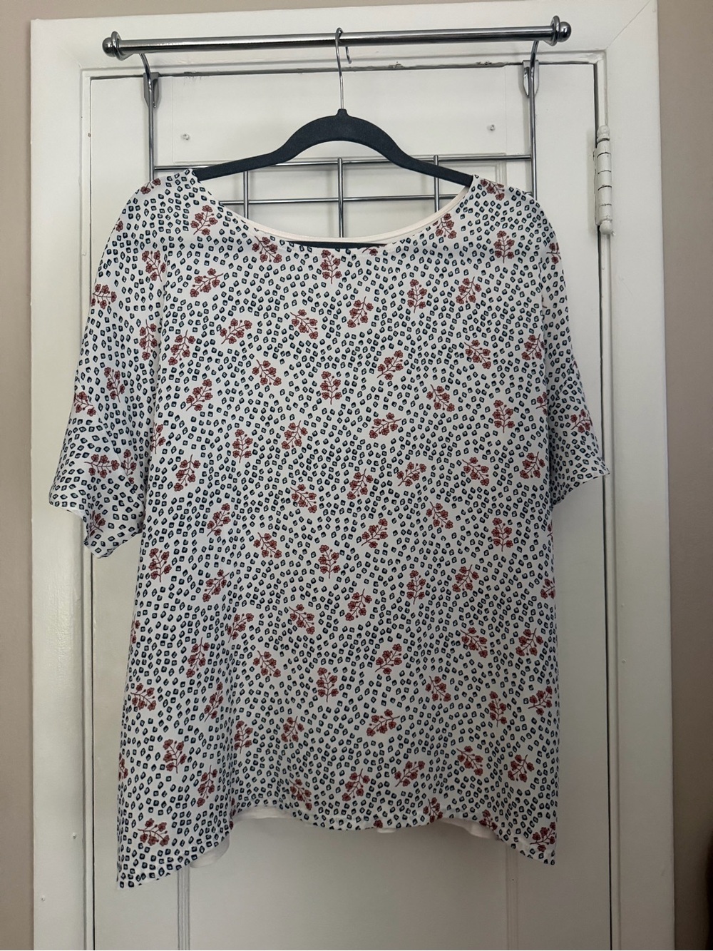 LOFT White Short-Sleeve Blouse with Floral and Dot Print